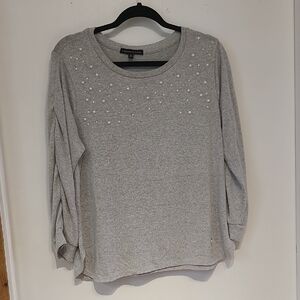 Adrienne Vittadini Light Gray Pearl-Studded Blouse
